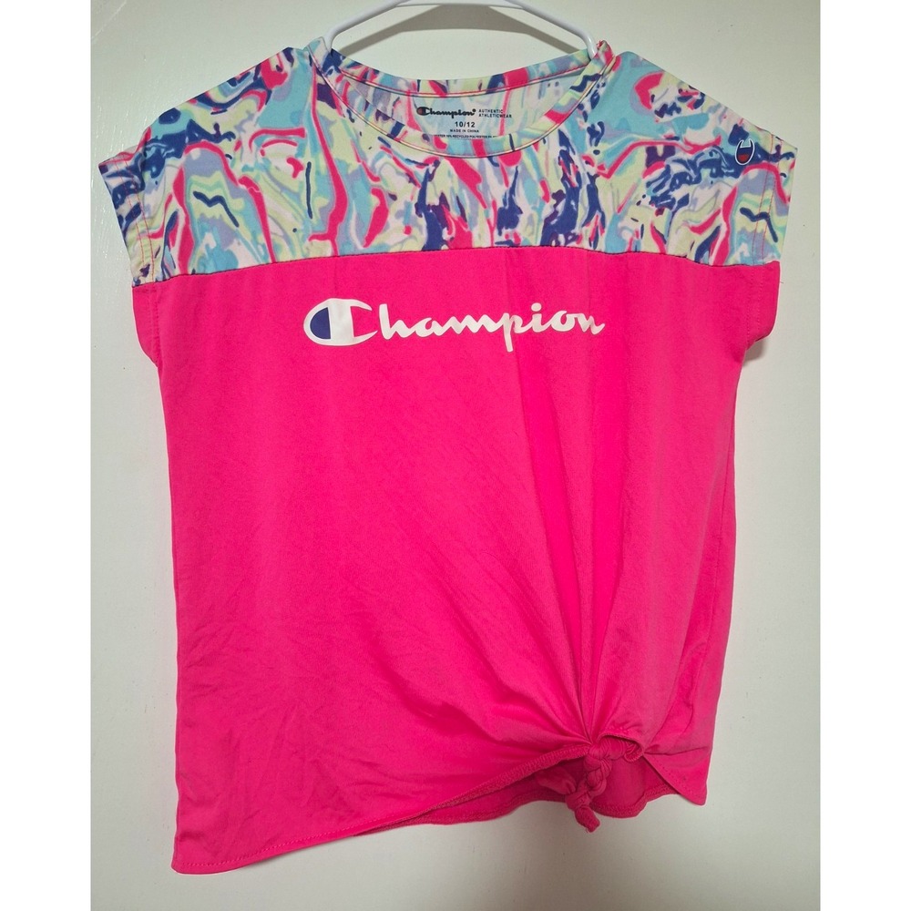 Champion Girls Size 10-12 Pink Multicolor Logo Graphic Tie Front Crew Tee